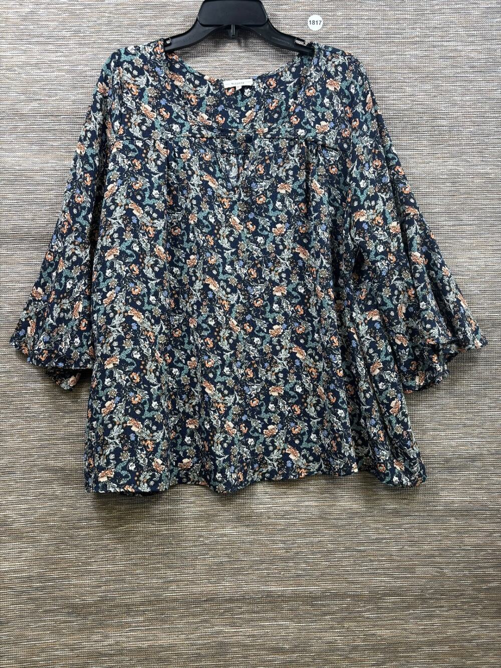 Pleione Floral Top Womens Sz XL Navy Blue Multicolor 3/4 Sleeve Bohemian V-Neck